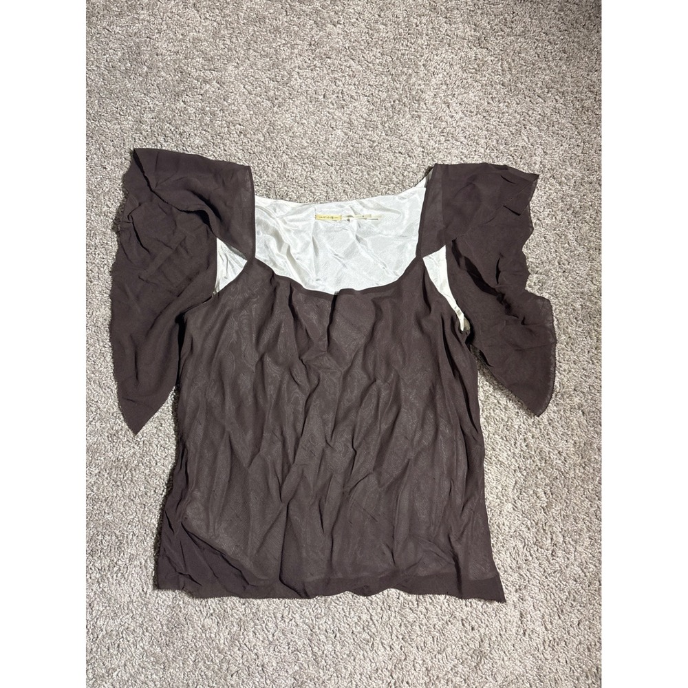 Vintage Max Studio Brown 100% Silk Flutter Sleeve Square Neck Layered Top med
